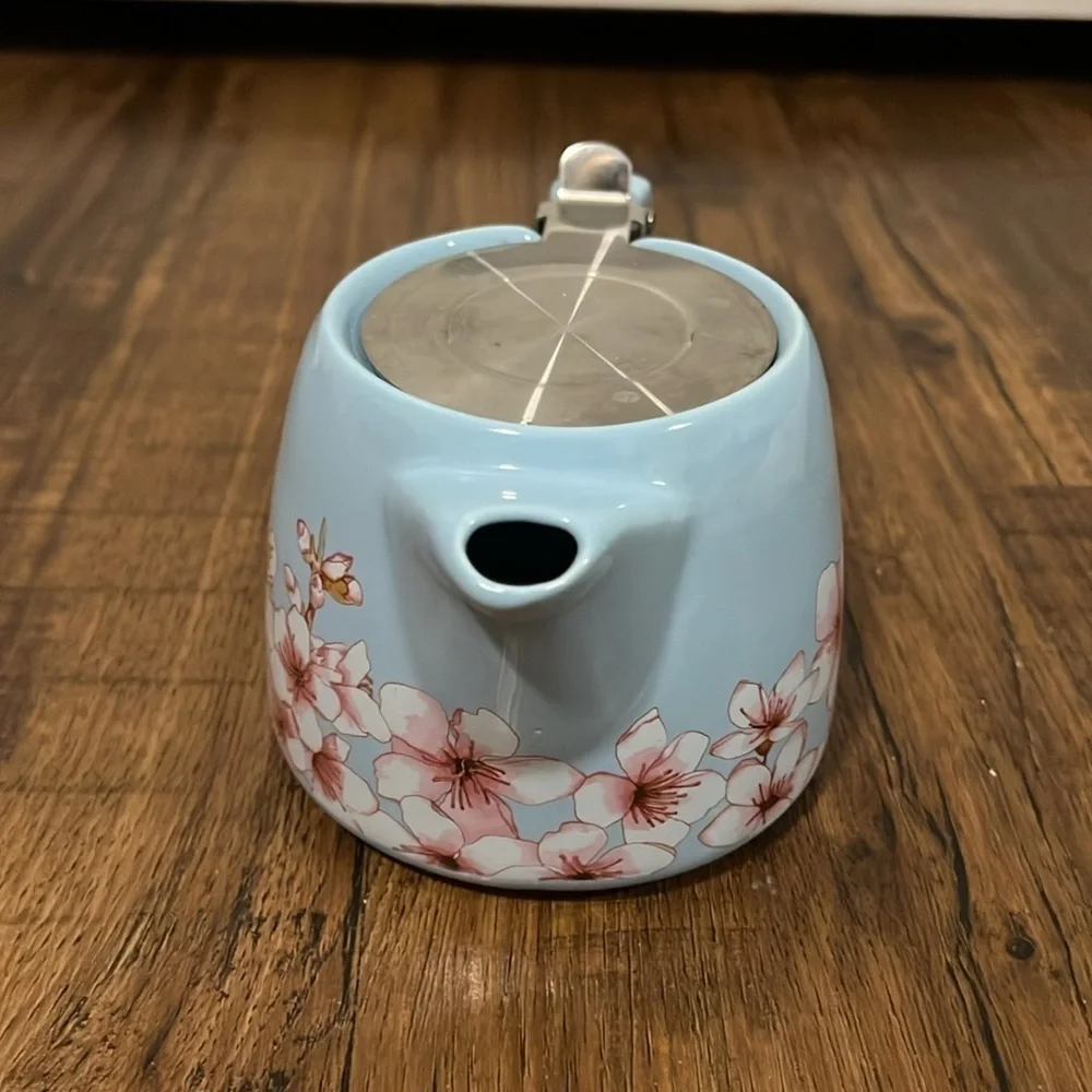Alfred Ceramic and Stainless Steel Teapot 20 oz Blue Pink Floral Cherry Blossom - Picture 4 of 10